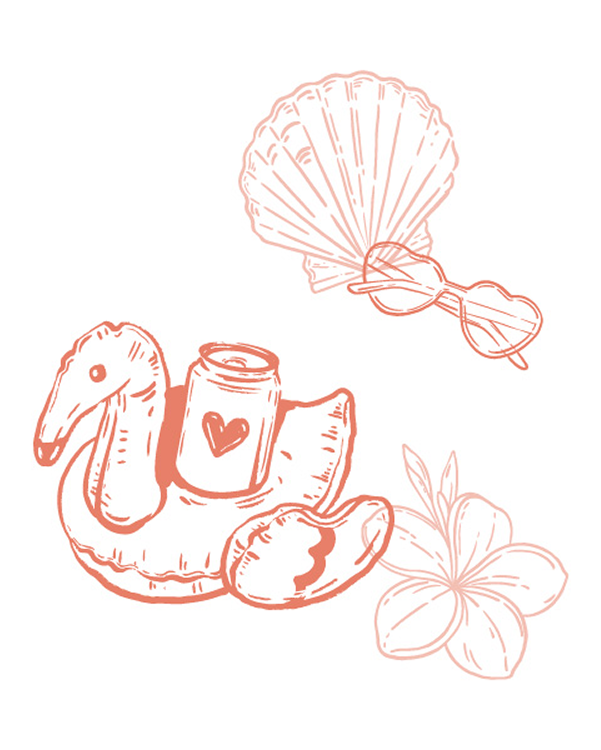 Icon of seashells, flowers, and gift items symbolizing a curated Coola and Casamigos gift basket.